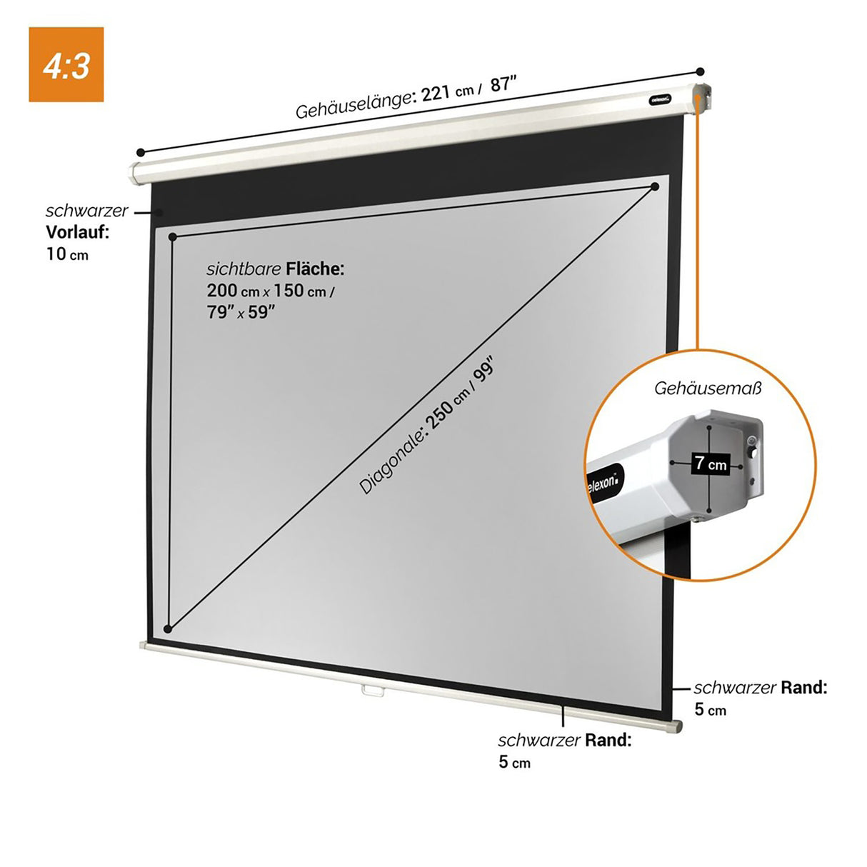 Celexon Leinwand Rollo Economy 200x150 cm - Maßzeichnung mit Abmessungen