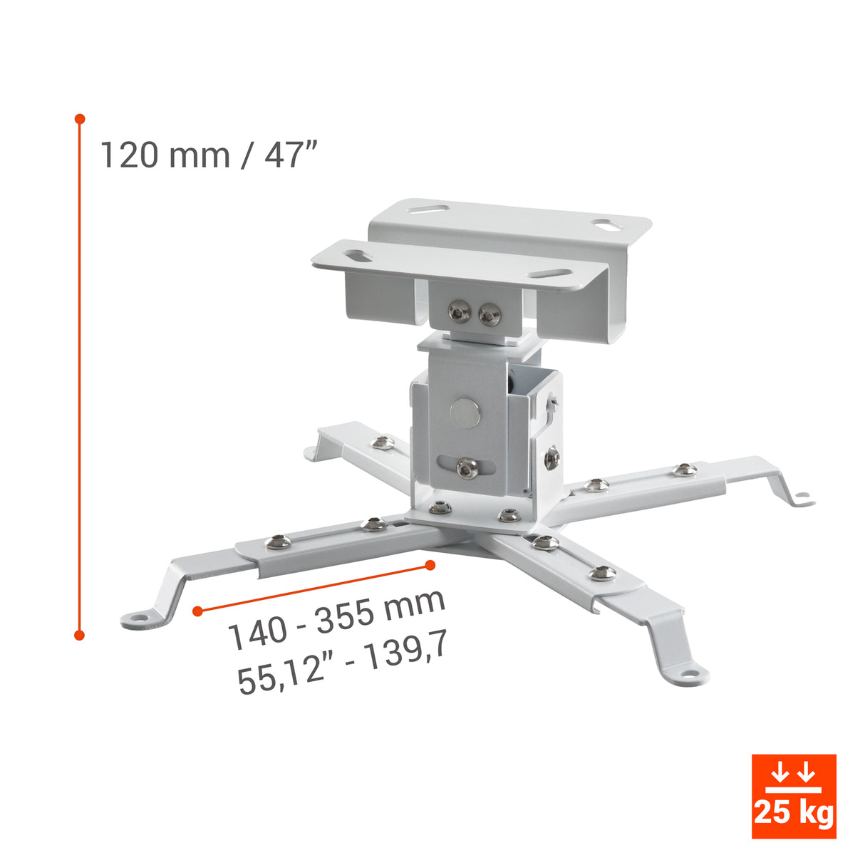 Celexon Beamerhalterung MultiCel1200W - Schrägansicht mit Abmessungen und Traglast 25 kg