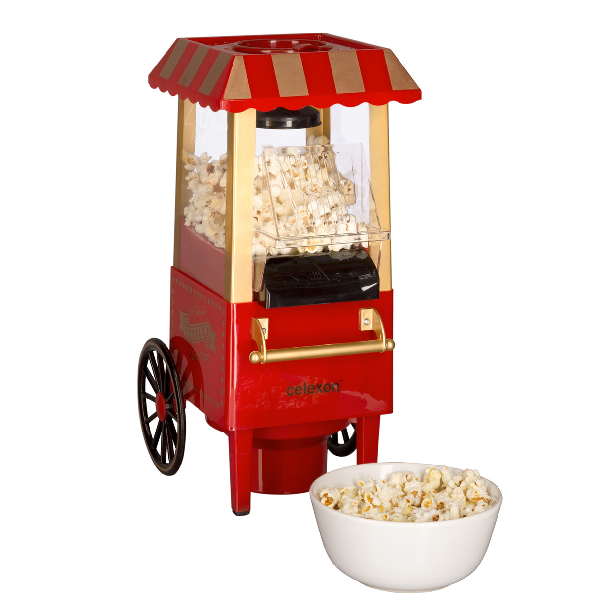 celexon CinePop CP500 Popcorn-Maschine - Schrägansicht mit Popcorn und Schüssel