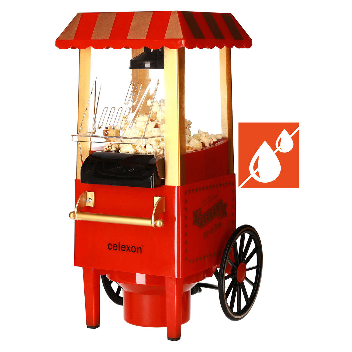 celexon CinePop CP500 Popcorn-Maschine - Seitenansicht mit Popcorn im Garraum