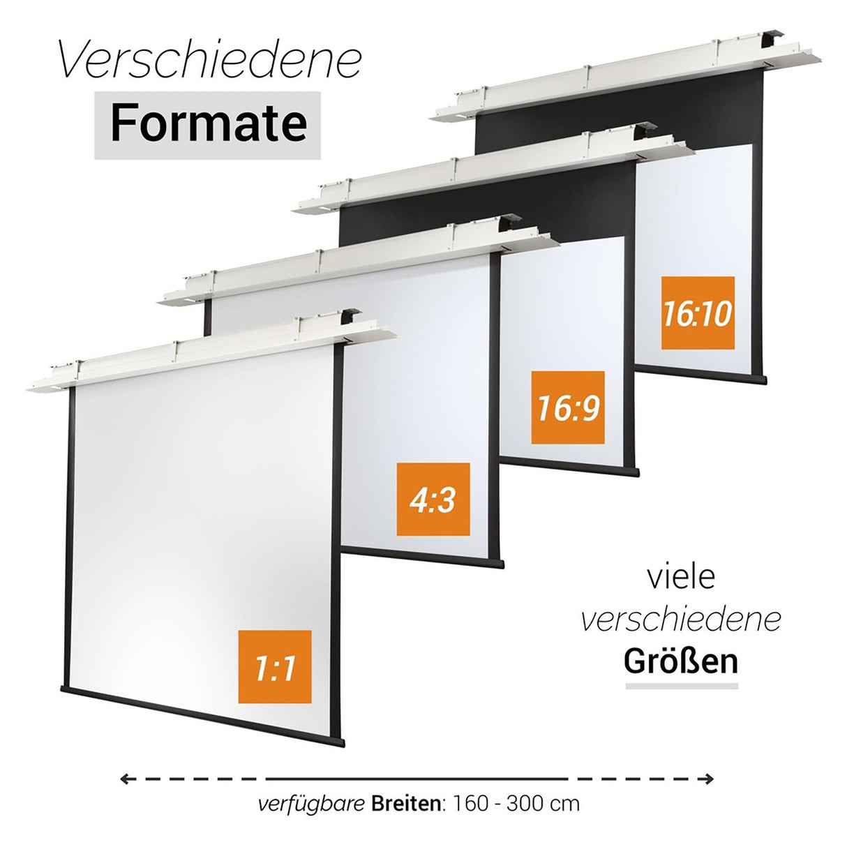 celexon Deckeneinbau Leinwand Motor Expert 300 x 169 cm - Übersicht verfügbare Formate von 1:1 bis 16:10