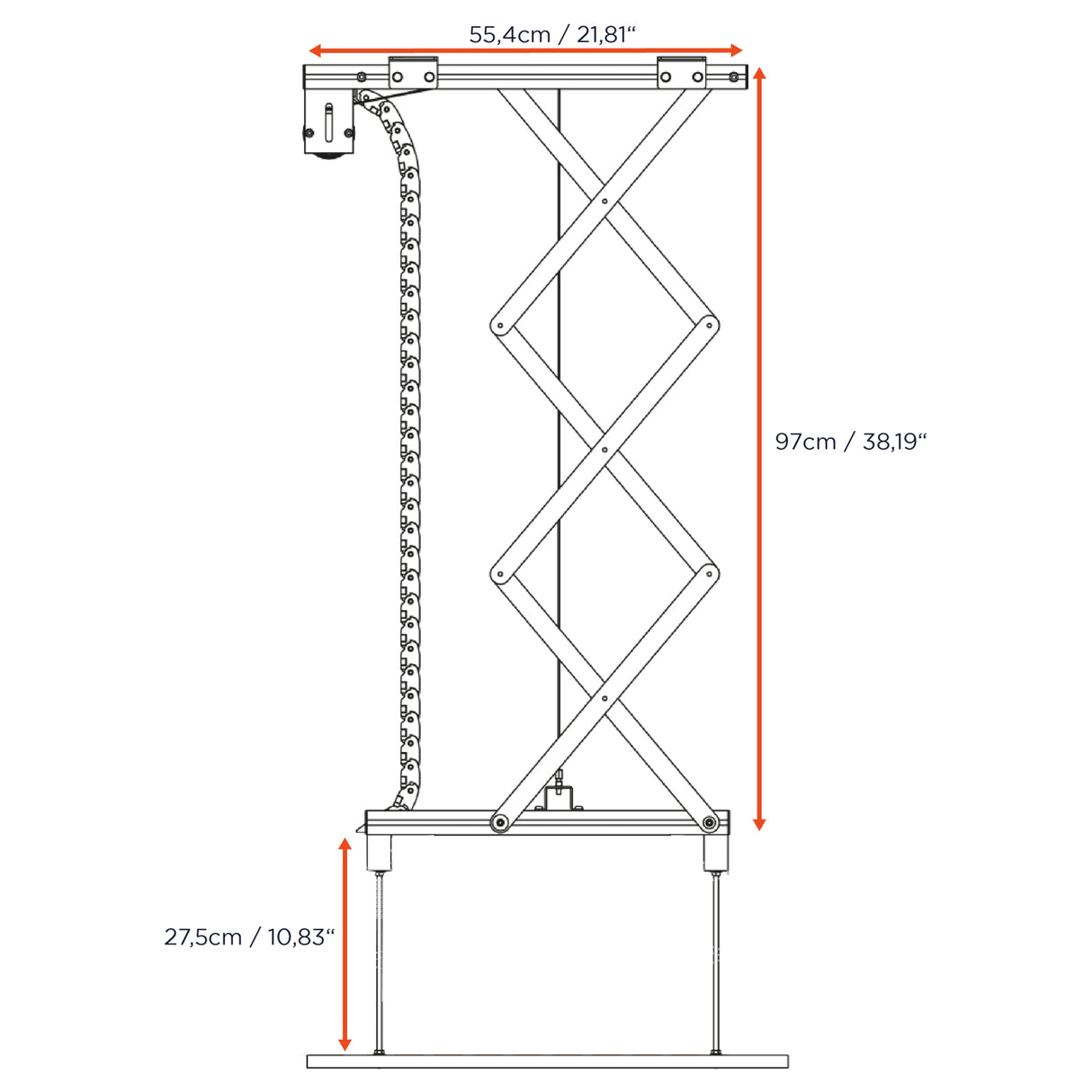 Celexon Deckenlift PL1000 Plus - Maßzeichnung Seitenansicht ausgefahren 97 cm