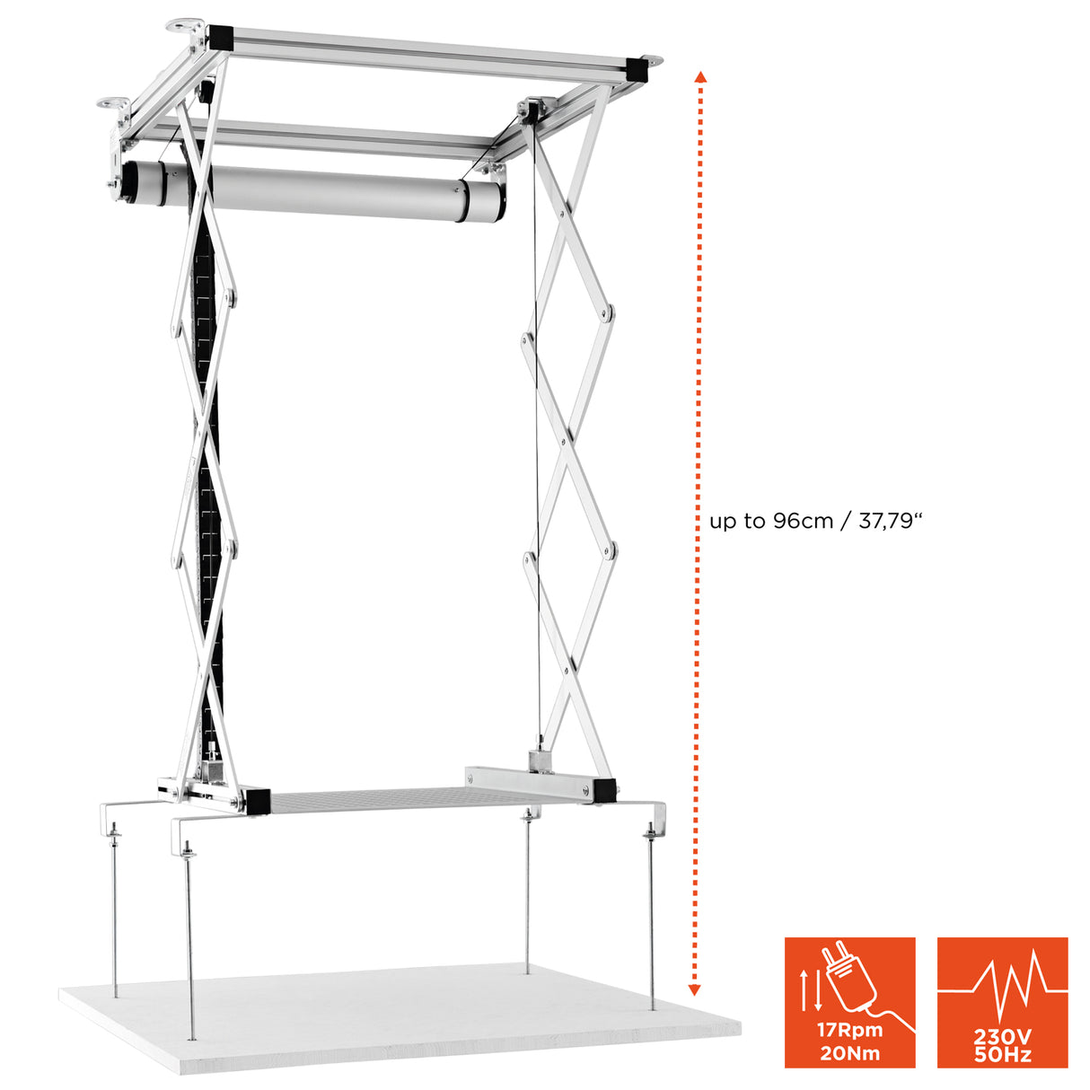 Celexon Deckenlift PL1000 - ausgefahrener Lift mit Hubhöhe bis 96 cm