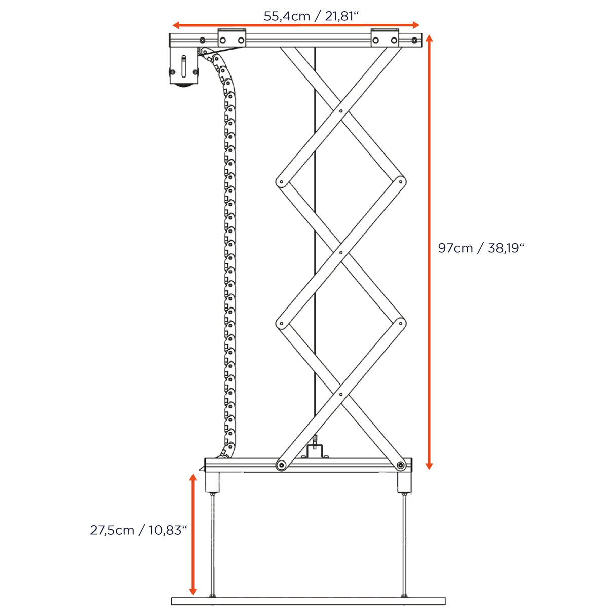 Celexon Deckenlift PL1000 - Maßzeichnung Seitenansicht ausgefahren 97 cm