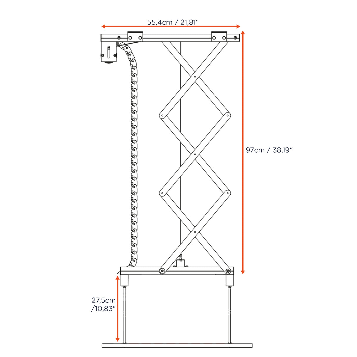 Celexon Deckenlift PL2000 Plus - Maßzeichnung Hubhöhe 97 cm