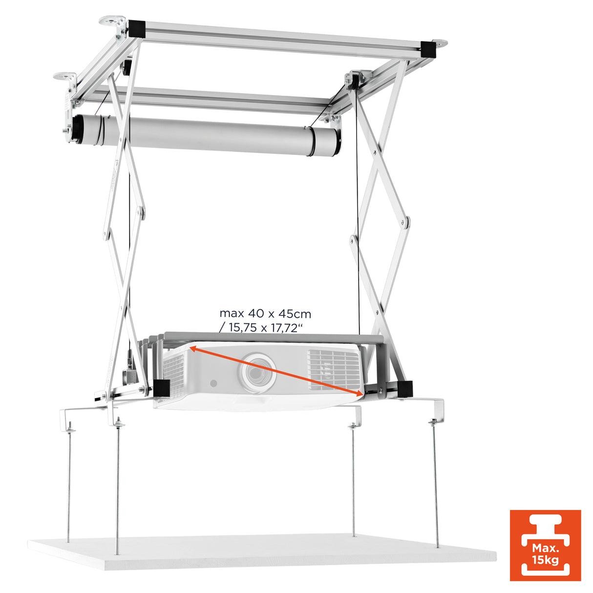 Celexon Deckenlift PL300 - Schrägansicht mit montiertem Beamer