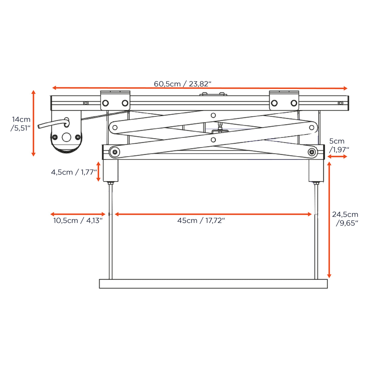 Celexon Deckenlift PL400 HC Plus - Maßzeichnung Lift ausgefahren mit Traglast 11 kg