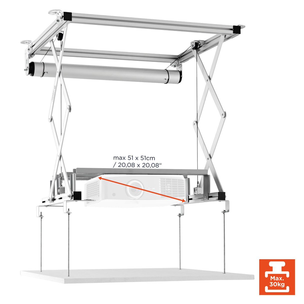 Celexon Deckenlift PL400 HC Plus - Schrägansicht mit montiertem Beamer
