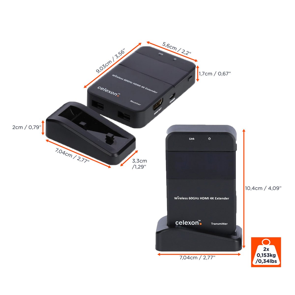 celexon Wireless HDMI-Funk-Set WHD30M-4K - Detailansicht mit Maßangaben