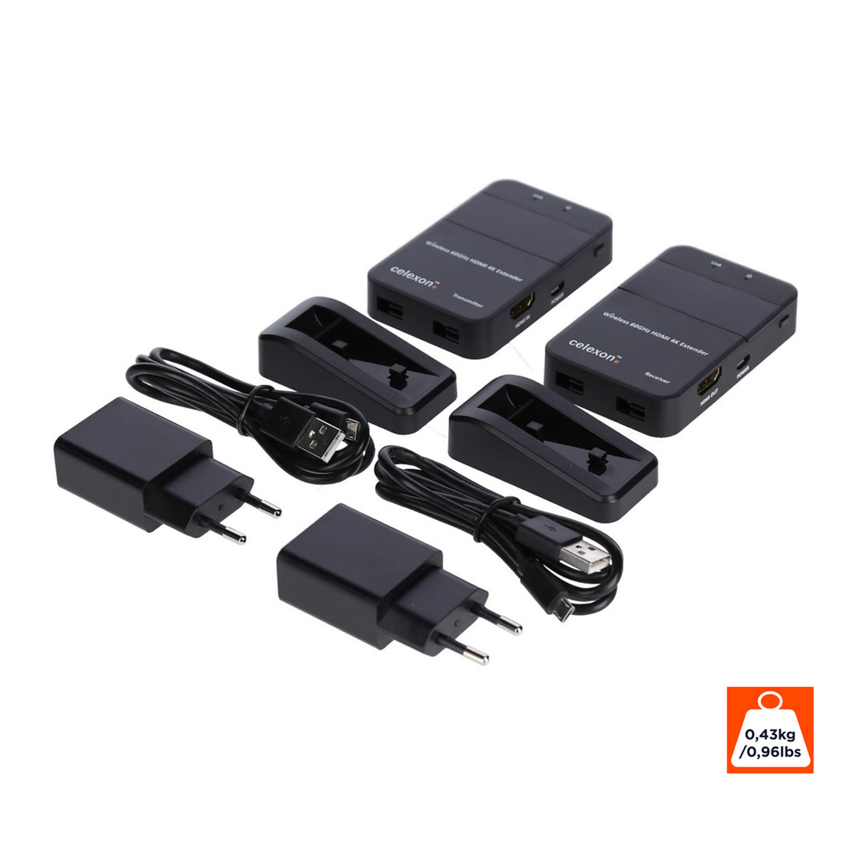 celexon Wireless HDMI-Funk-Set WHD30M-4K - Lieferumfang mit Netzteilen und Kabeln