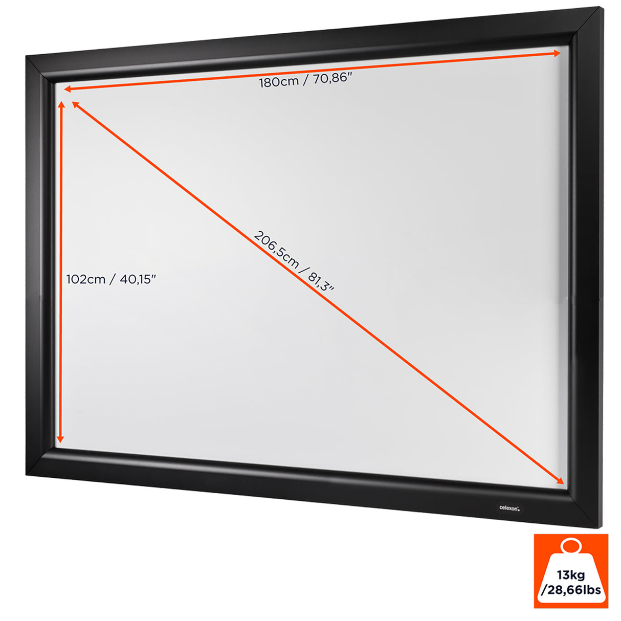 celexon HomeCinema Frame Rahmenleinwand 180 x 102 cm - Maßzeichnung mit Abmessungen der Projektionsfläche