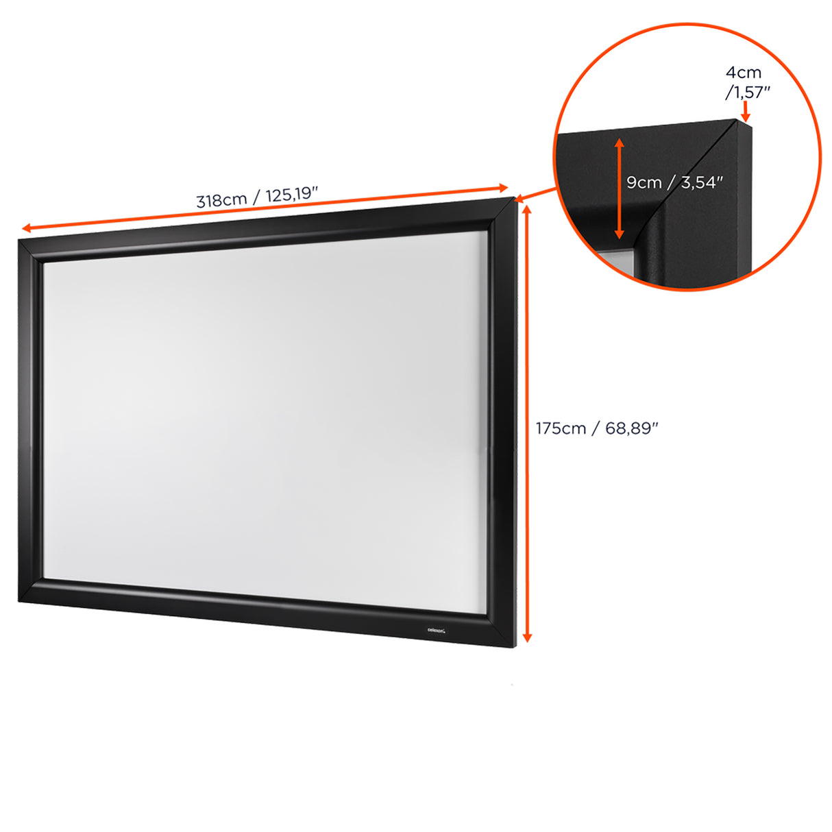 celexon HomeCinema Frame Rahmenleinwand 300 x 169 cm - Maßzeichnung mit Außenmaßen und Rahmenprofil