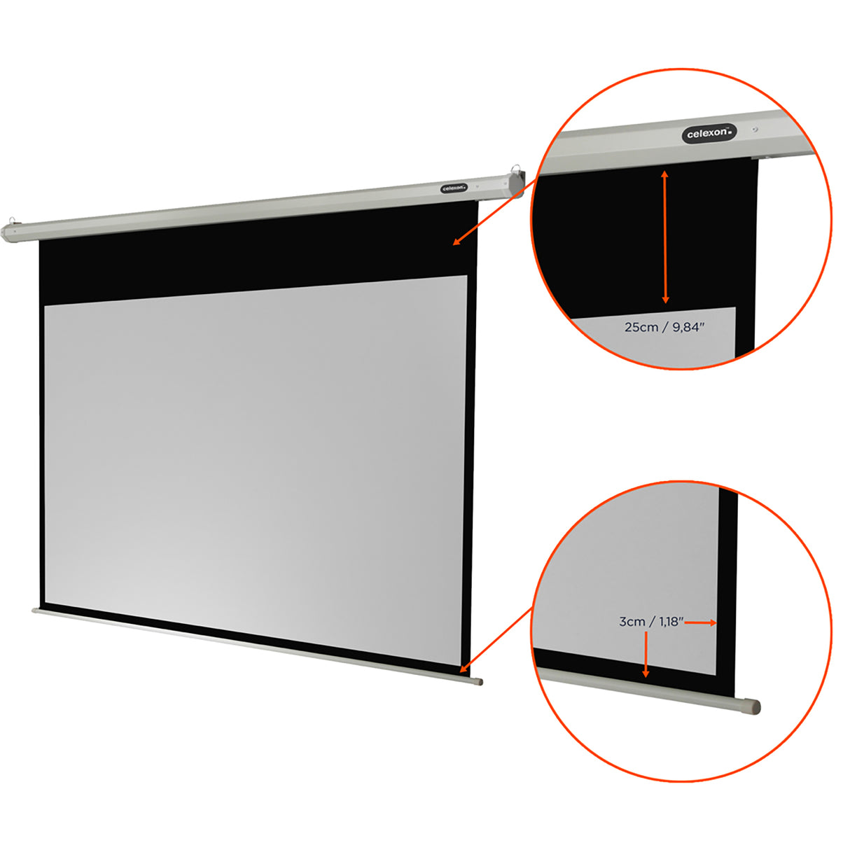 celexon Leinwand Motor Economy 160 x 90 cm - Detail schwarzer Vorlauf und Rand mit Maßangaben