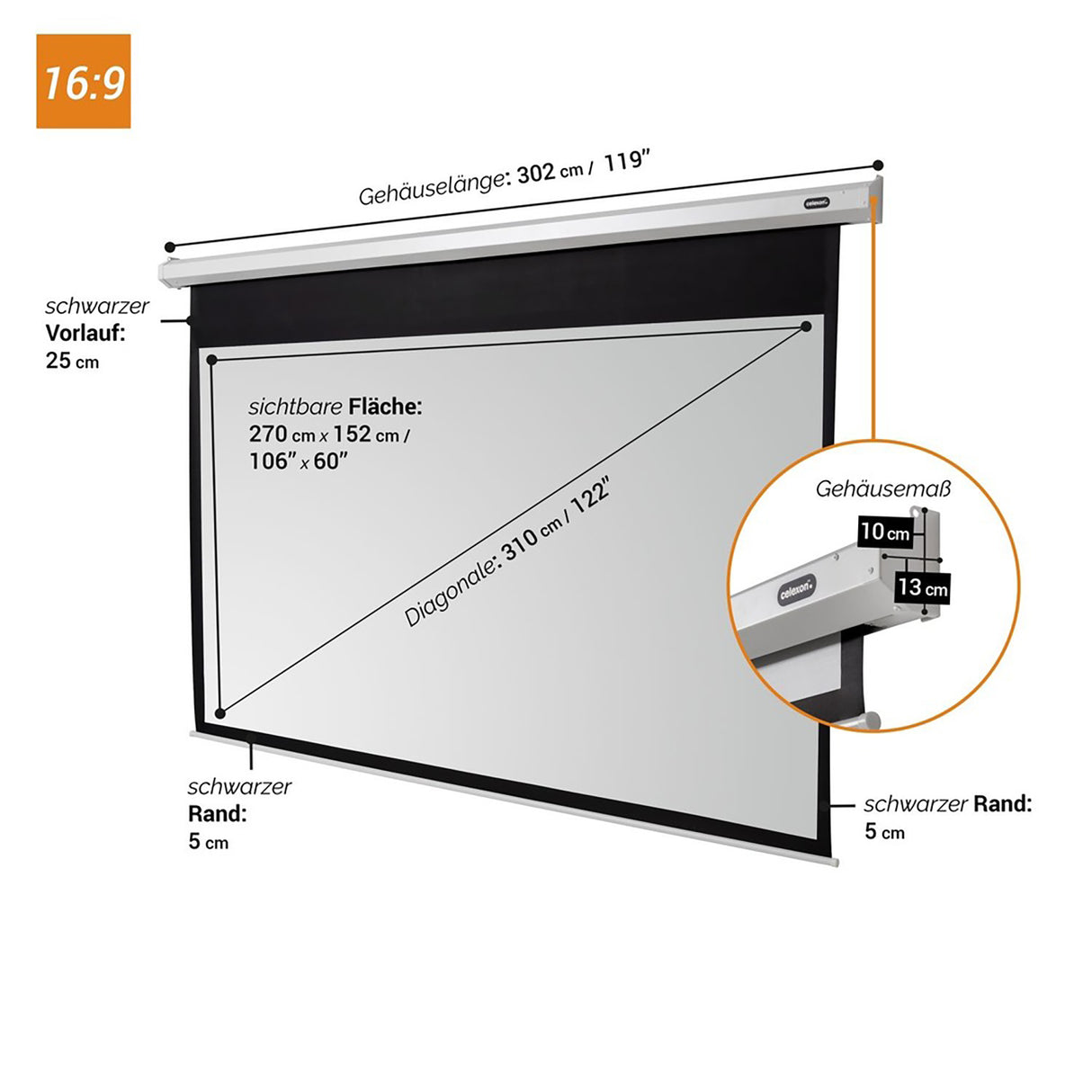 Celexon Leinwand Motor Economy 280 Zoll - Maßzeichnung mit Abmessungen