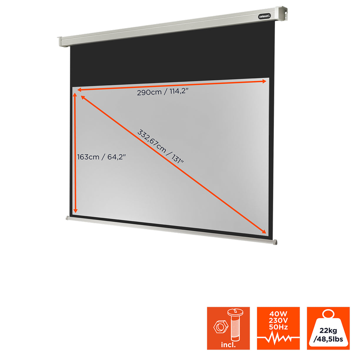 Celexon Leinwand Motor Professional 300 Zoll - Maßzeichnung mit Abmessungen