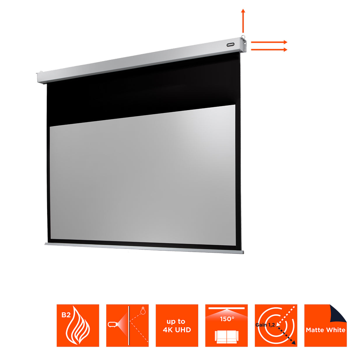 Celexon Leinwand Motor Professional Plus 180 Zoll - Schrägansicht mit Montagehinweisen