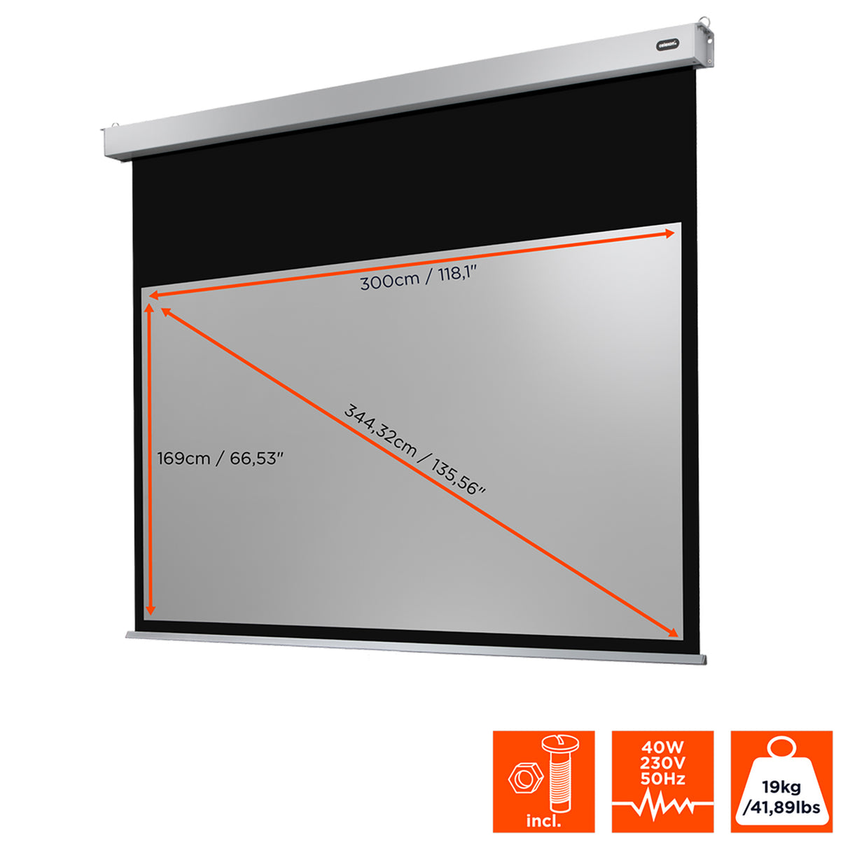 Celexon Leinwand Motor Professional Plus 300 x 169 cm - Maßzeichnung mit Abmessungen