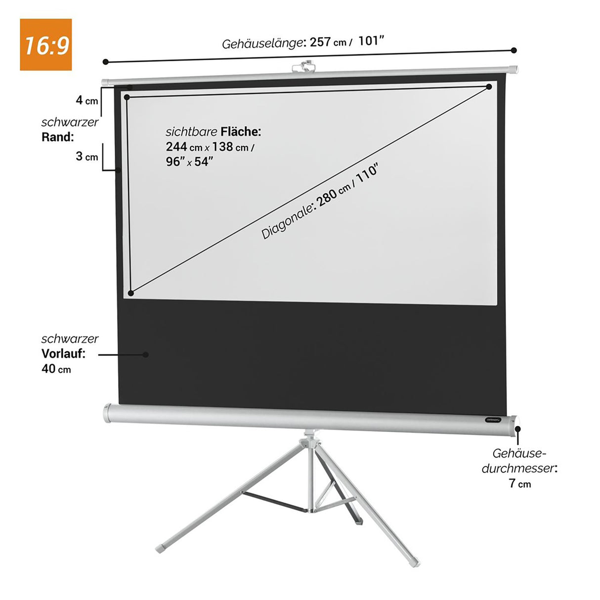 Celexon Stativleinwand Economy 244 x 138 cm - Maßzeichnung mit Abmessungen