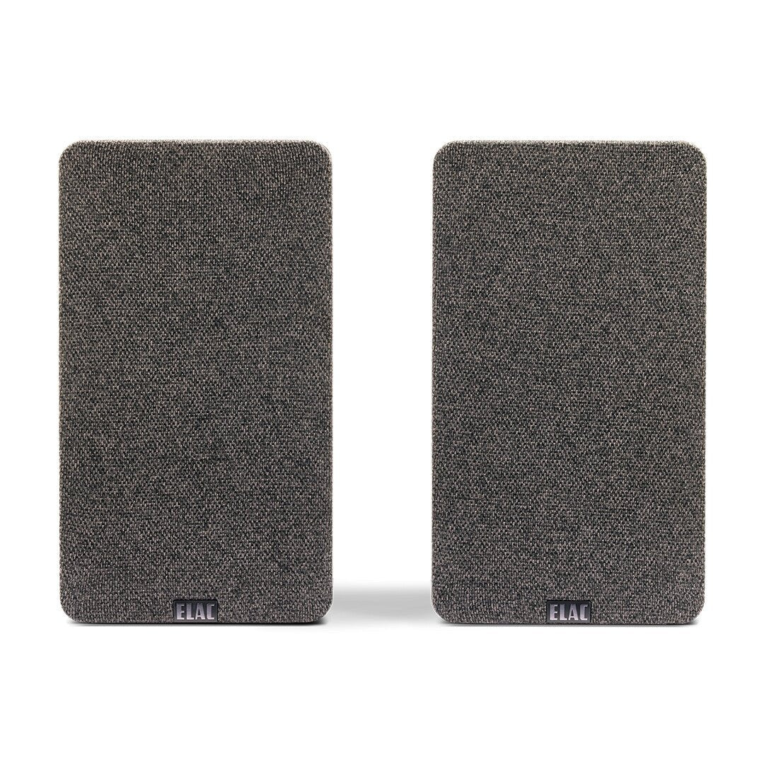 ELAC Debut Connex DCB41 Walnuss Aktivlautsprecher - Frontansicht Paar mit Stoffbezug