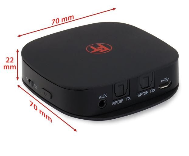 Feintech ABT00101 Bluetooth Audio Sender Empfänger - Schrägansicht mit Abmessungen