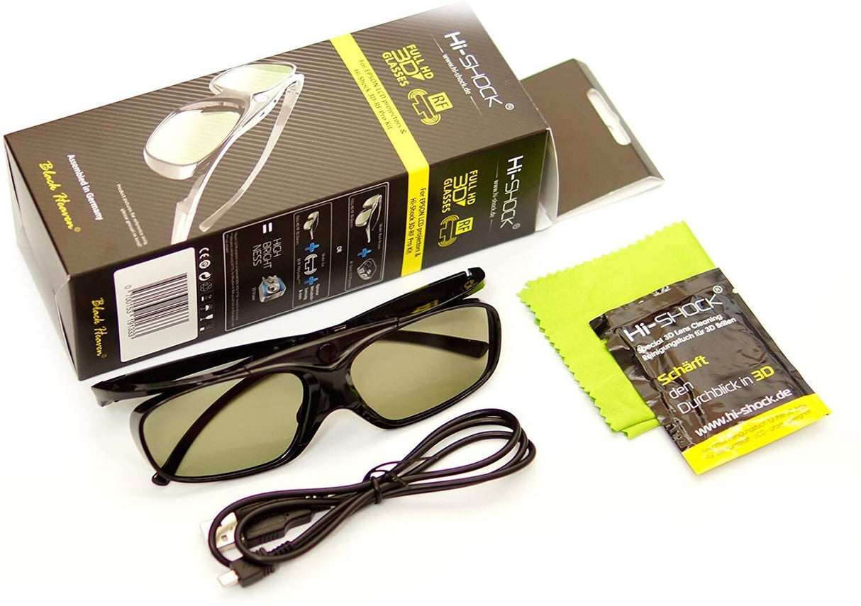 Hi-SHOCK Black Heaven Aktive 3D-Brille - Lieferumfang mit Verpackung und Reinigungstuch