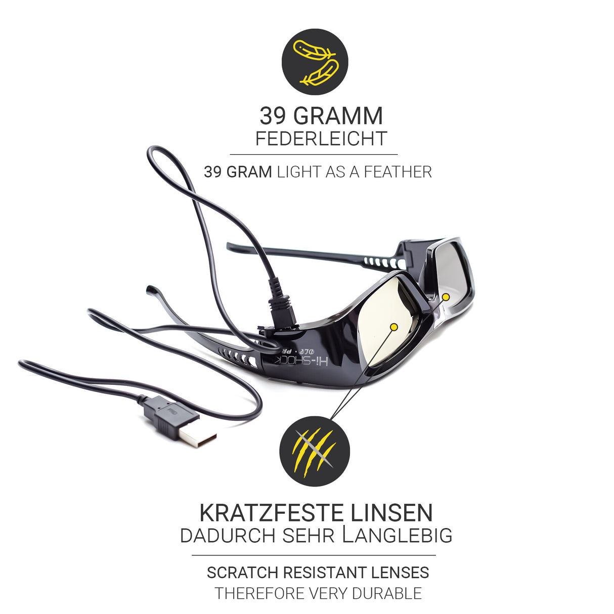 Hi-SHOCK Pro 7G Black Diamond DLP-Link 3D-Brille - Detail Gewicht und Linsen mit Ladekabel