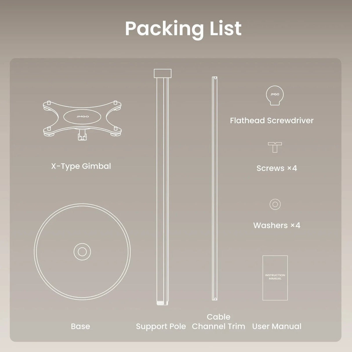 JMGO Bodenständer - Packliste mit Zubehörteilen