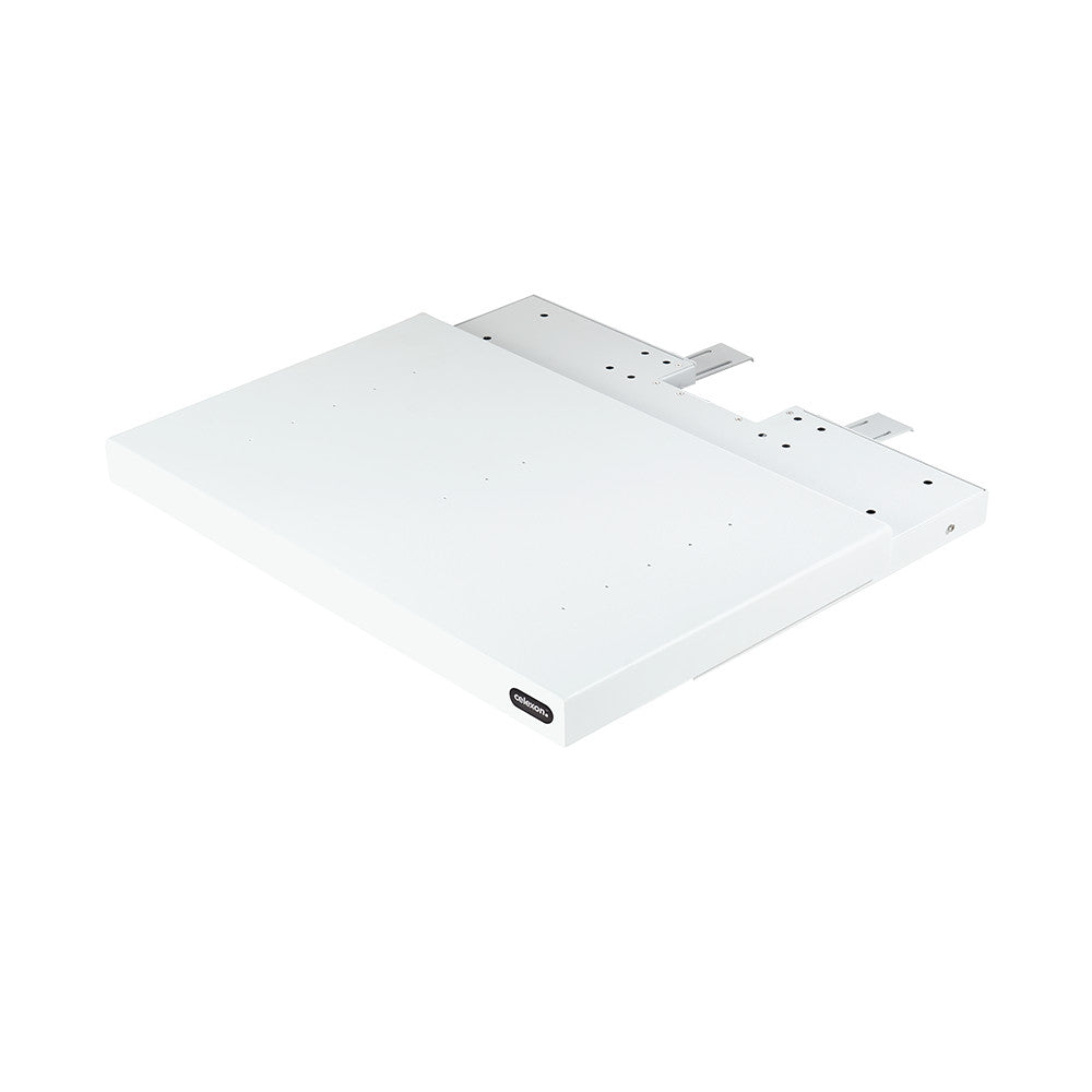 celexon Flexible motorischer Laser TV Auszug Weiß - Schrägansicht teilweise ausgefahren