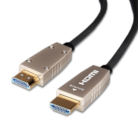 celexon UHD Fibre HDMI 10m Lichtleiter Kabel Schwarz - Detail beide Stecker mit Source-Kennzeichnung
