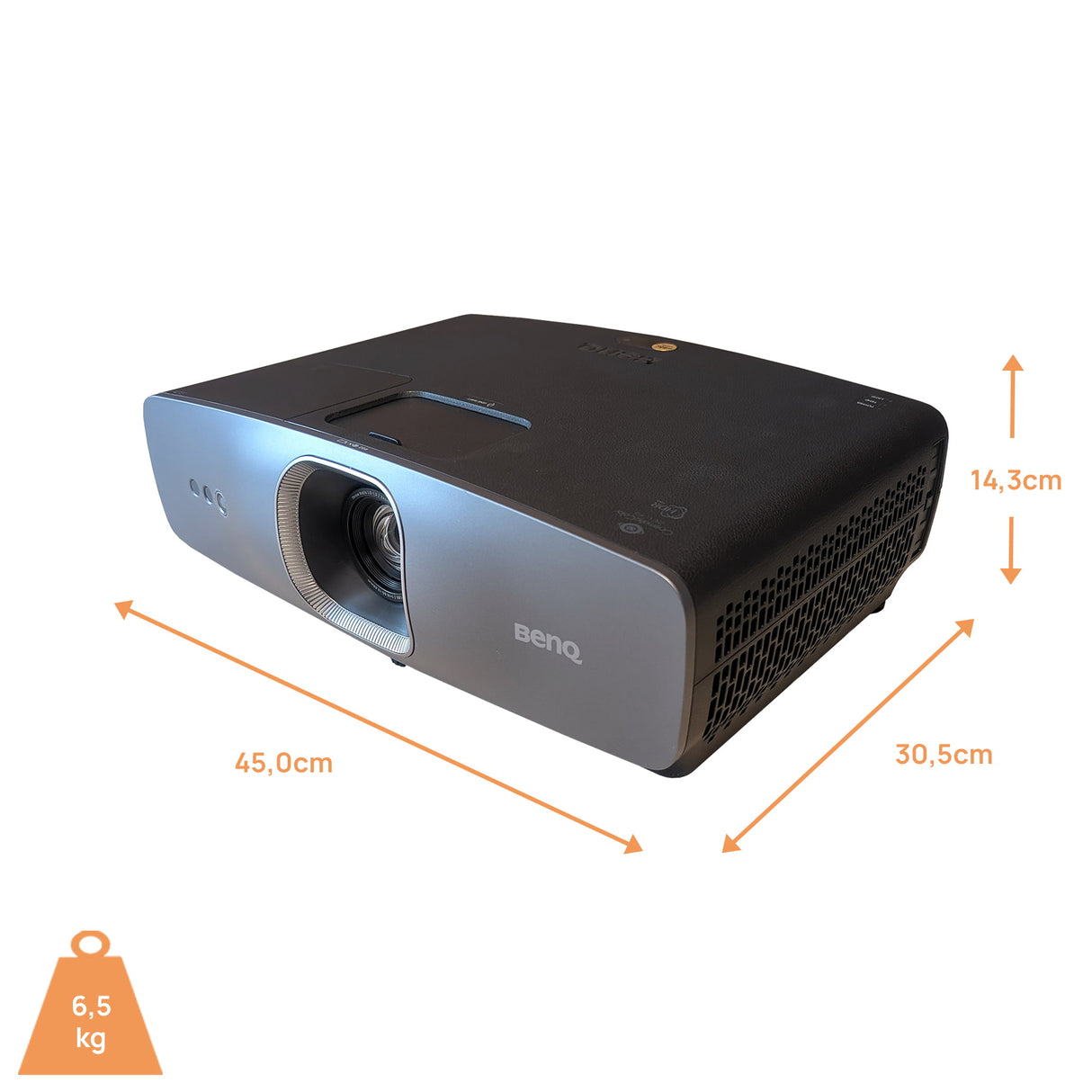 BenQ W2720i 4K Beamer - Schrägansicht mit Abmessungen und Gewicht