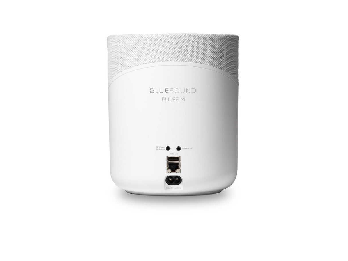 Bluesound PULSE M Weiß Streaming-Lautsprecher - Rückseite mit Anschlüssen (LAN, USB)