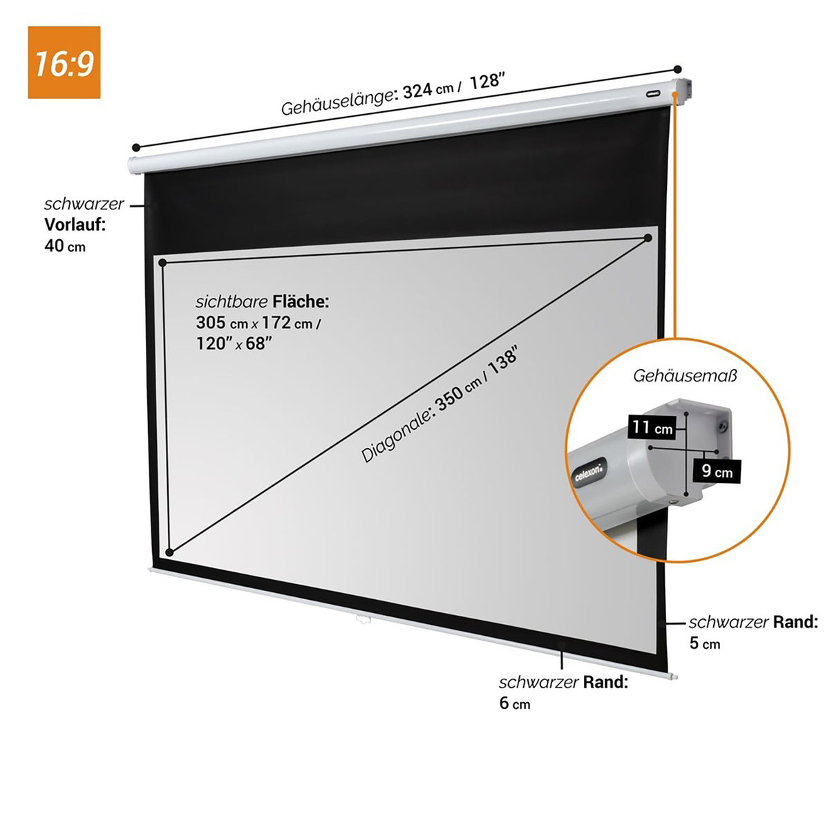 celexon Leinwand Rollo Economy 305x172 - Maßzeichnung mit Abmessungen