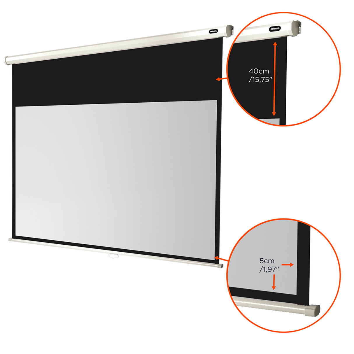 Celexon Leinwand Rollo Economy 160x90 - Schrägansicht mit Detail Gehäusemaß