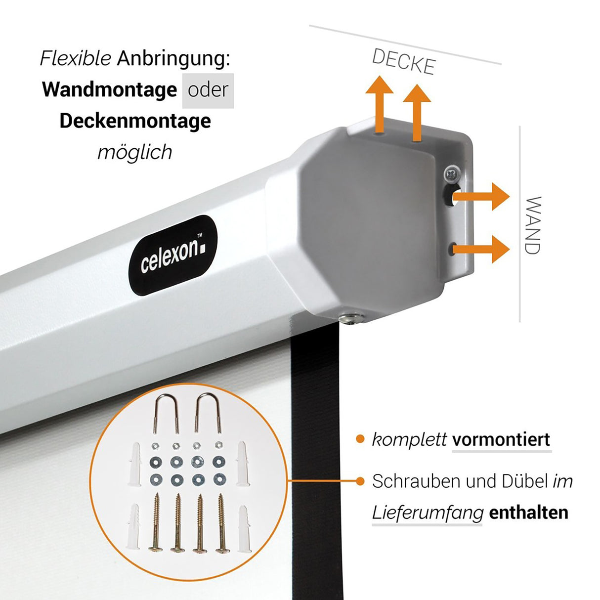 Celexon Leinwand Rollo Economy 180x102 - Montage an Decke oder Wand