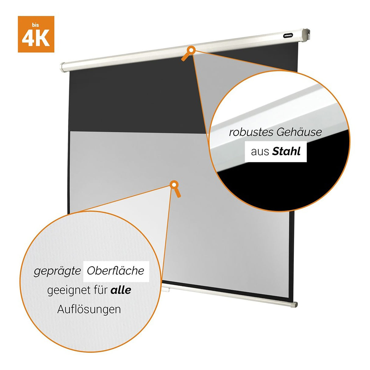 Celexon Leinwand Rollo Economy 200x113 - Detail Gehäuse aus Stahl und Oberfläche