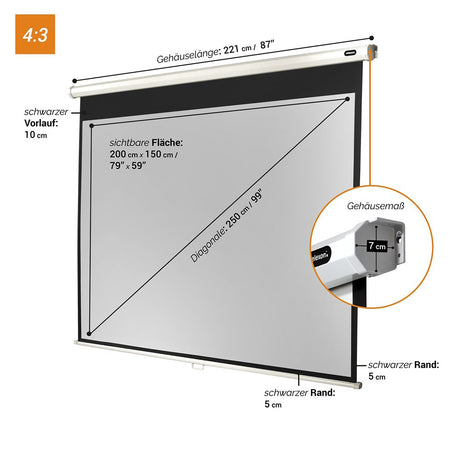 Celexon Leinwand Rollo Economy 200x150 cm - Maßzeichnung mit Abmessungen