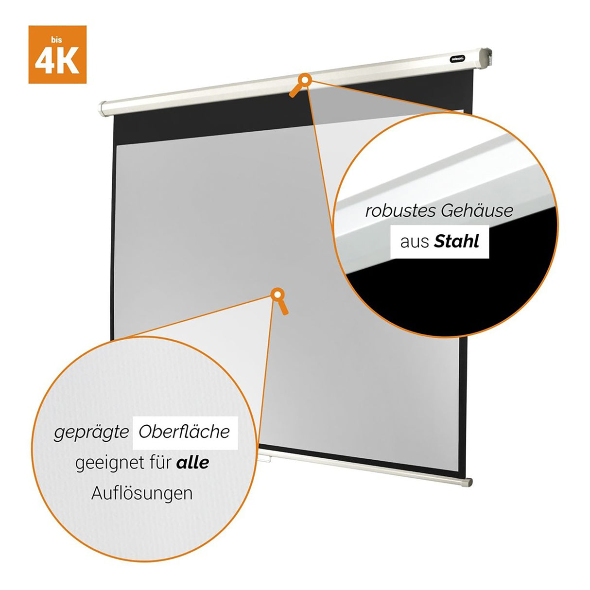 Celexon Leinwand Rollo Economy 200x150 cm - Detail Gehäuse aus Stahl und Oberfläche