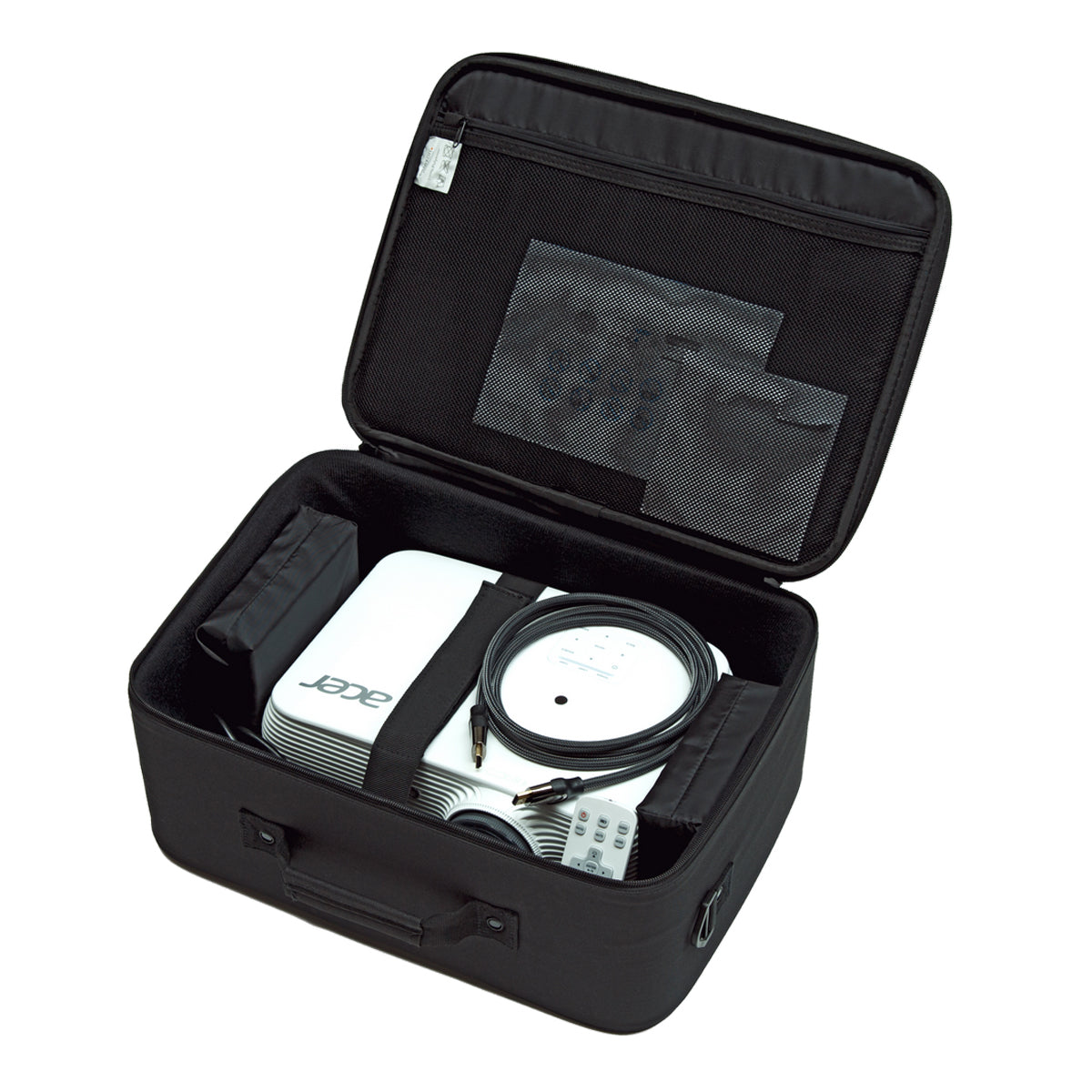 celexon Beamertasche Economy Line Medium - Innenansicht mit eingelegtem Beamer und Kabel