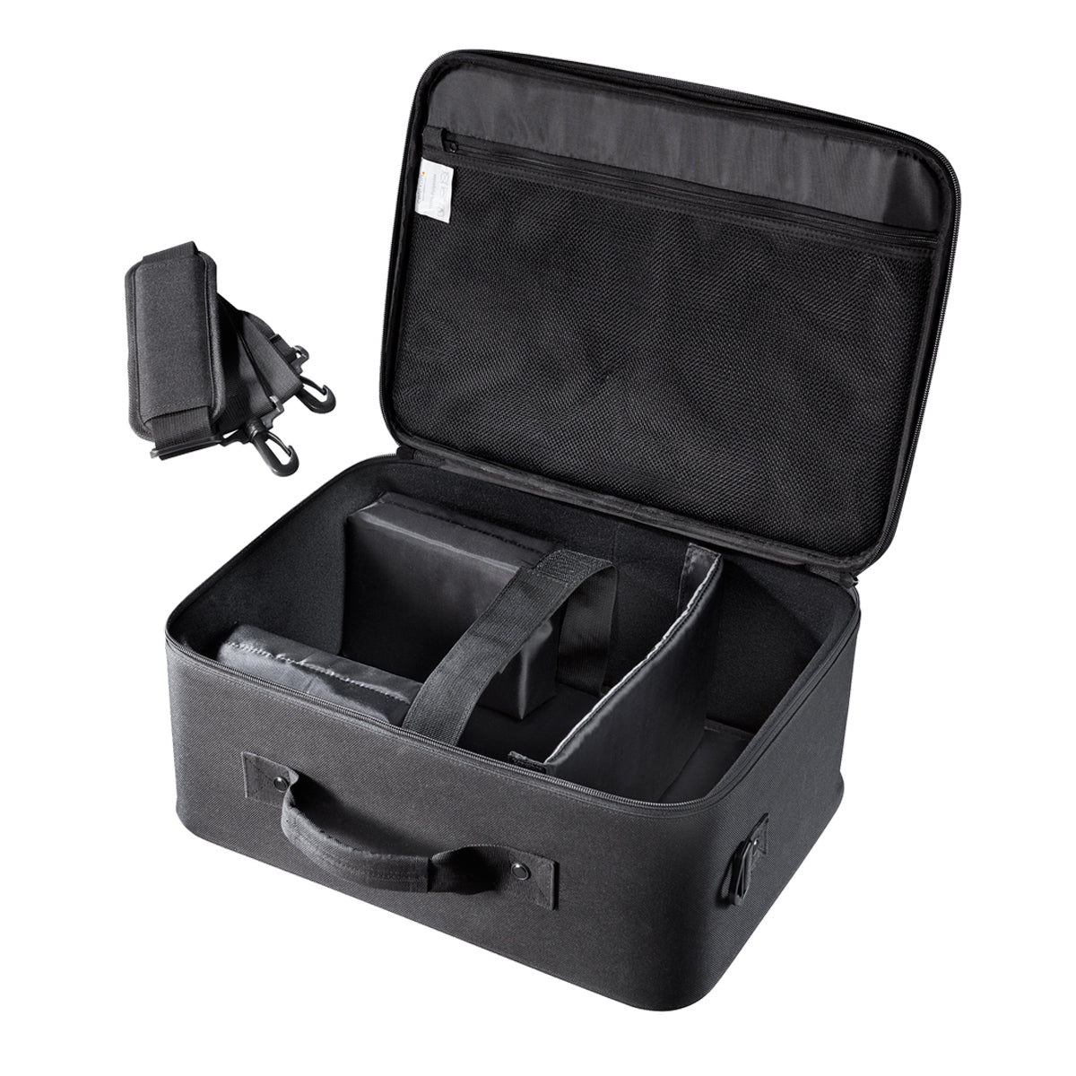 celexon Beamertasche Economy Line Medium - Innenansicht mit Trennwänden und Schultergurt