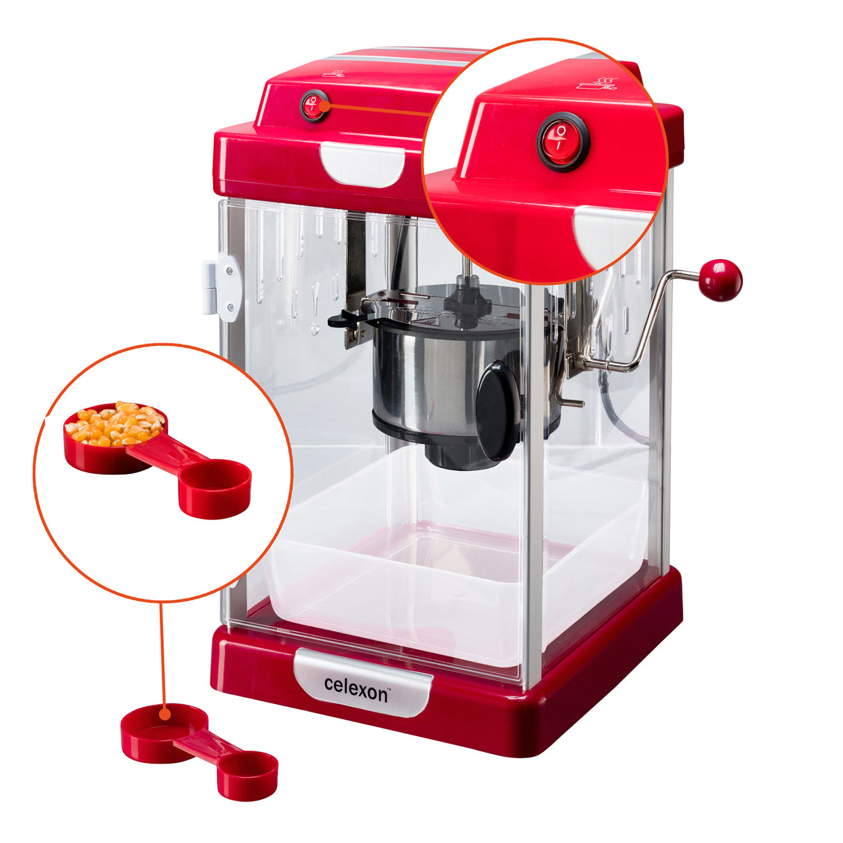 celexon CinePop CP1000 Popcorn-Maschine - Details Ein-Aus-Schalter und Dosierlöffel