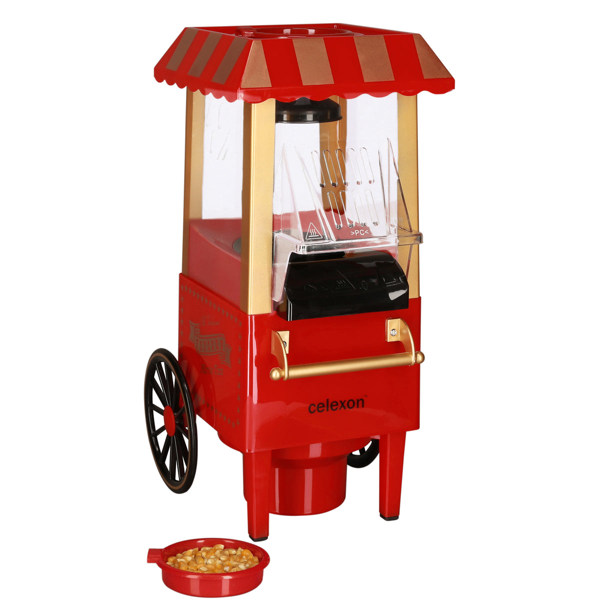 celexon CinePop CP500 Popcorn-Maschine - Schrägansicht mit Dosierbecher voller Mais