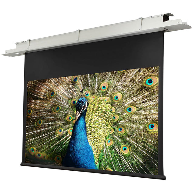 celexon Deckeneinbau Leinwand Motor Expert 250 x 140 cm - Schrägansicht mit projiziertem Pfauen-Motiv