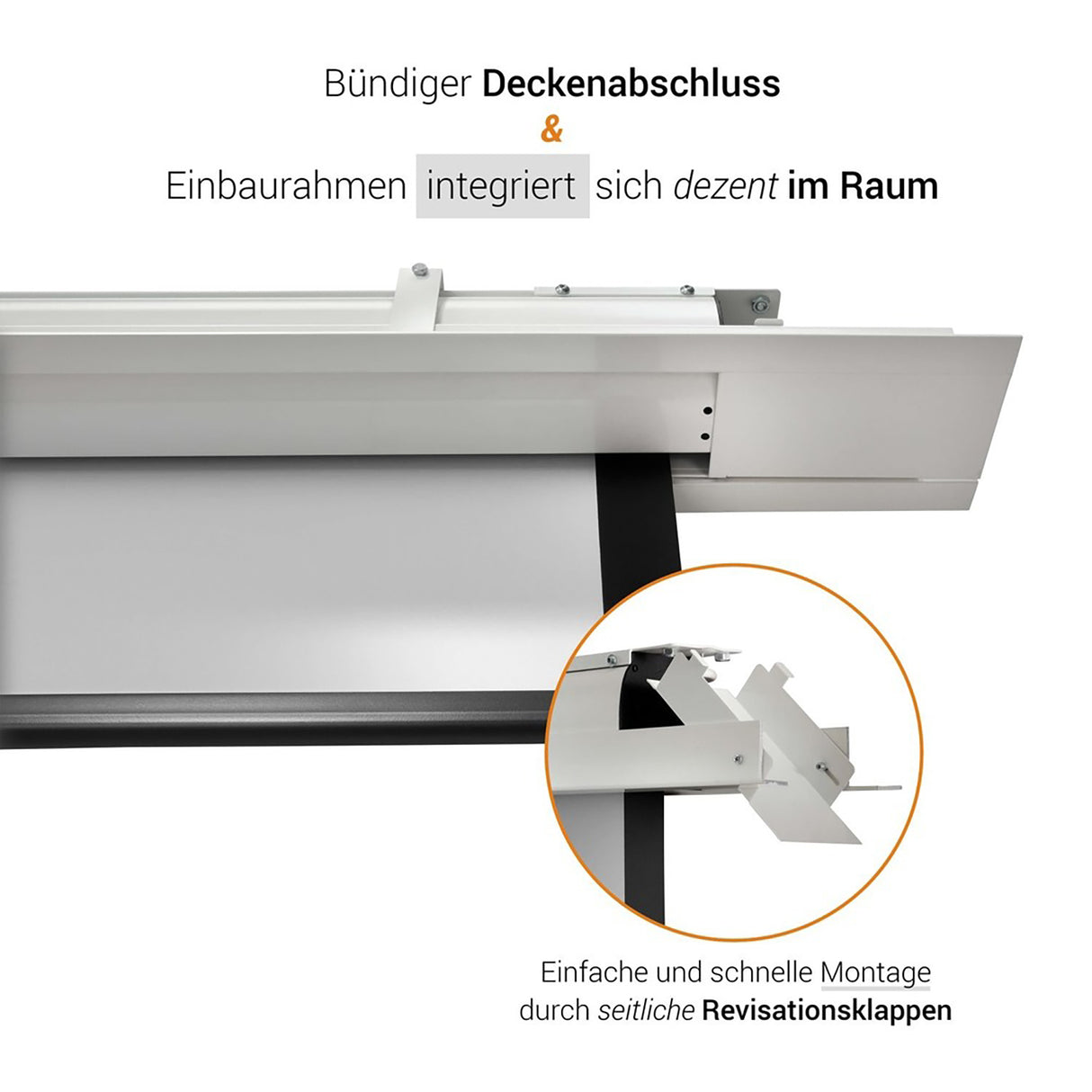 celexon Deckeneinbau Leinwand Motor Expert 300 x 169 cm - Detail bündiger Deckenabschluss mit Revisionsklappen