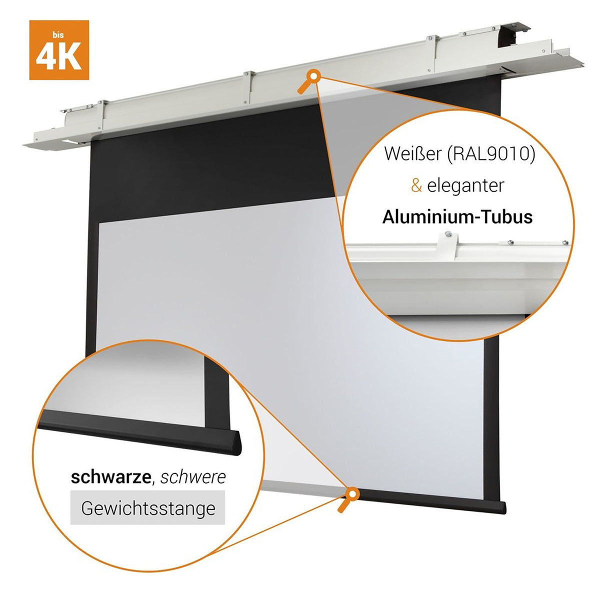 celexon Deckeneinbau Leinwand Motor Expert 300 x 169 cm - Detail Aluminium-Tubus und Gewichtsstange