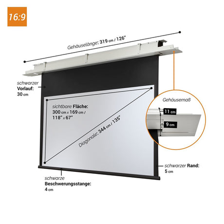 celexon Deckeneinbau Leinwand Motor Expert 300 x 169 cm - Maßzeichnung mit Abmessungen