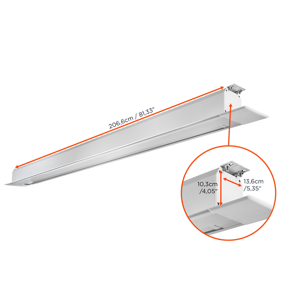 celexon Deckeneinbau Leinwand Motor Pro Plus 160 x 90 cm - eingefahrenes Gehäuse mit Maßangaben