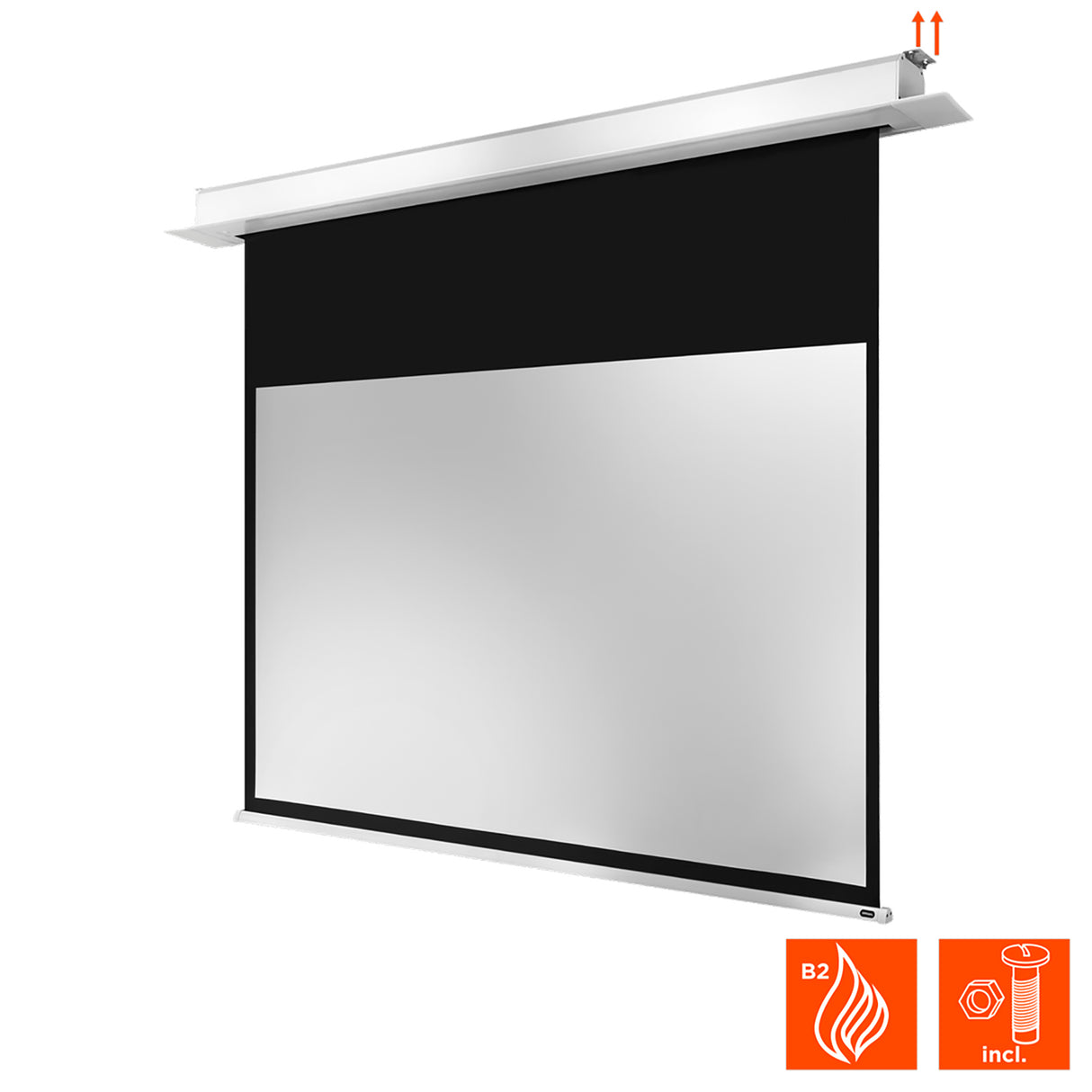 celexon Deckeneinbau Leinwand Motor Pro Plus 180 x 101 cm - Ansicht mit Icons Brandschutzklasse B2 und Montageschrauben