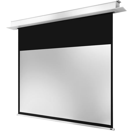 celexon Deckeneinbau Leinwand Motor Pro Plus 180 x 101 cm - Schrägansicht mit ausgefahrenem Tuch