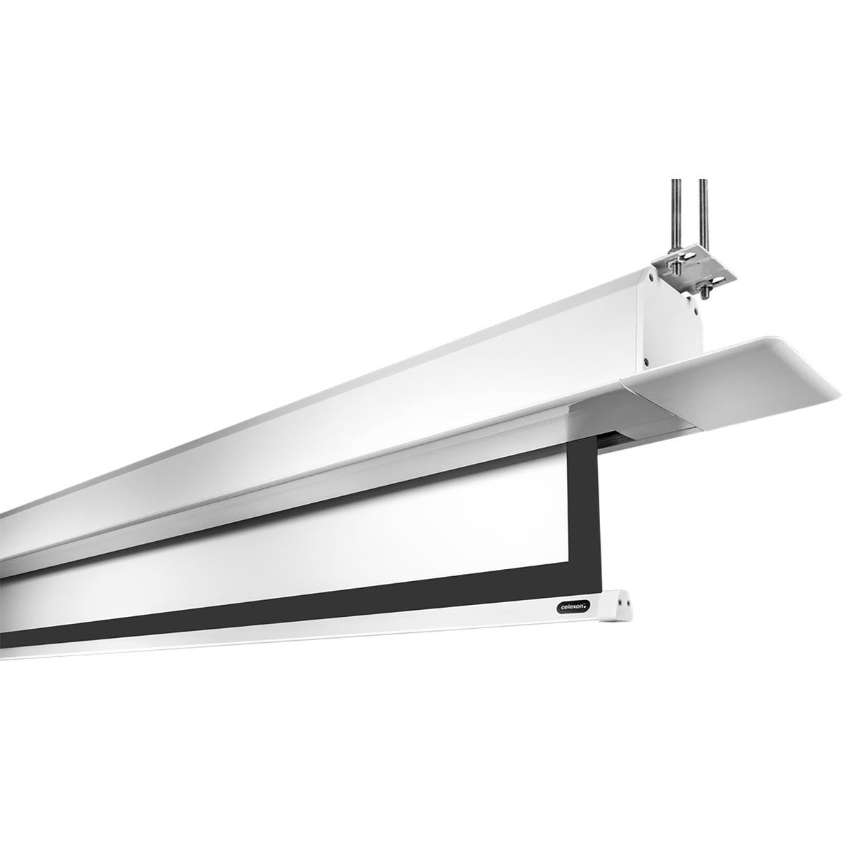 celexon Deckeneinbau Leinwand Motor Pro Plus 200 x 112 cm - Nahaufnahme Gehäuse mit teilweise ausgefahrenem Tuch