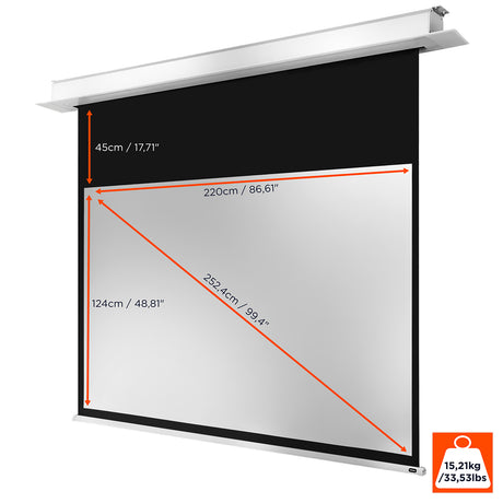 celexon Deckeneinbau Leinwand Motor Pro Plus 220 x 124 cm - Maßzeichnung mit Abmessungen und Gewicht